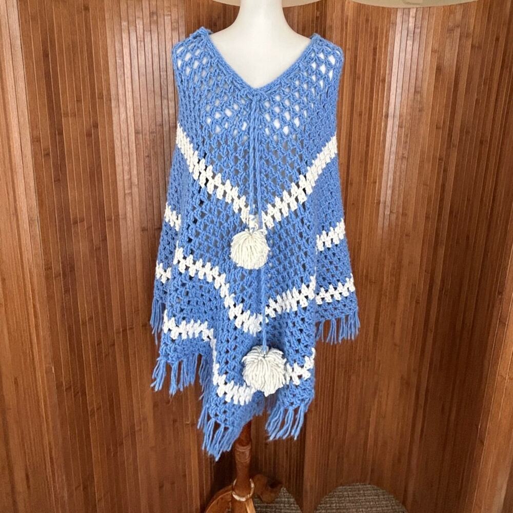 Vintage 70s Blue Crochet Poncho White Chevron Pom Pom Fringe